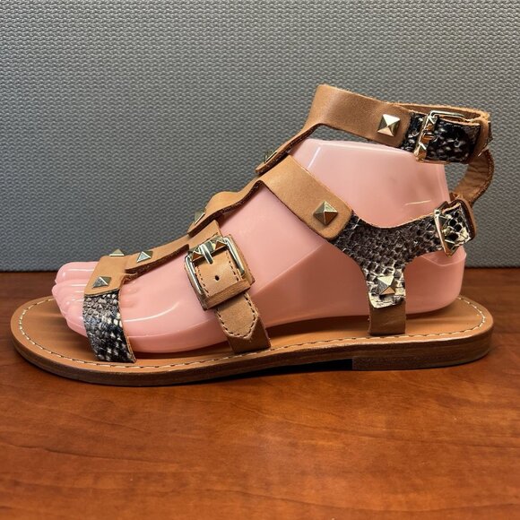 ASH  Women T-Strap Leather Flats Brown Animal Print Gladiator Studded Shoes New